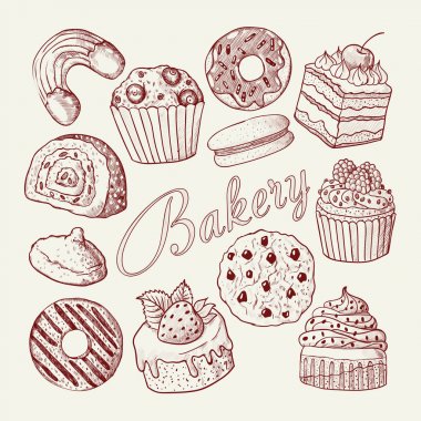Elle çizilmiş unlu tatlı tatlılar Doodle. Cupcake, kurabiye, çörek ve Muffin kümesiyle kroki. Vektör çizim