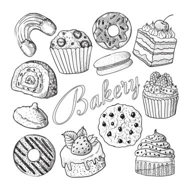 Elle çizilmiş unlu tatlı tatlılar Doodle. Cupcake, kurabiye, çörek, acıbadem kurabiyesi ve Muffin kümesiyle kroki. Vektör çizim
