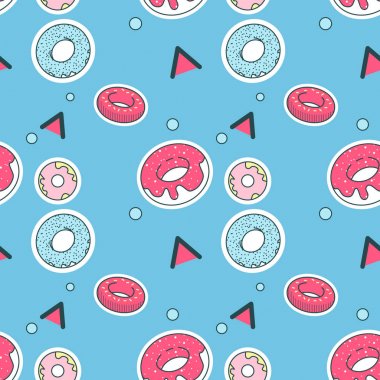 Arka plan Memphis tarzı geometrik şekiller Seamless modeli. Hipster Trendy Moda doku. Retro kumaş Poster Donuts ile. Vektör çizim