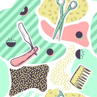 Soyut Memphis tarzı Seamless modeli. Kuaför Dükkanı arka plan. Kuaför VINTAGE Poster afiş. Vektör çizim