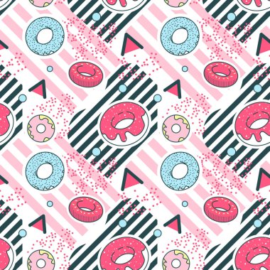 Arka plan Memphis tarzı geometrik şekiller Seamless modeli. Hipster Trendy Moda doku. Retro kumaş Poster Donuts ile. Vektör çizim