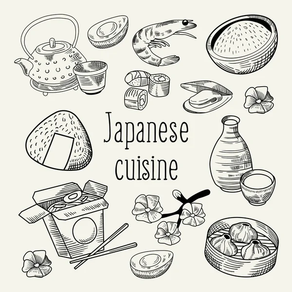 Mão comida japonesa desenhado fundo. Japão cozinha tradicional. Menu Sushi Bar Contorno Doodle. Ilustração vetorial —  Vetores de Stock