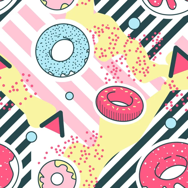 Abstract Background Memphis Style Geometric Shapes Seamless Pattern. Hipster Trendy Fashion Texture. Retro Fabric Poster with Donuts. Vector illustration — Stock Vector