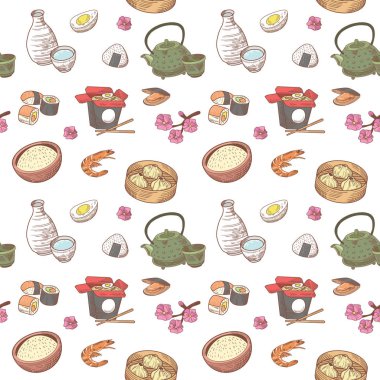 Japon yemekleri el sorunsuz arka plan çekilmiş. Japonya geleneksel mutfağı desen. Sushi Bar menü. Vektör çizim
