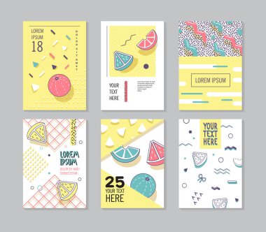 Soyut Memphis stil posterler kümesi. Geometrik şekiller kartları. Trendy 80s 90s desenleri. Vektör çizim