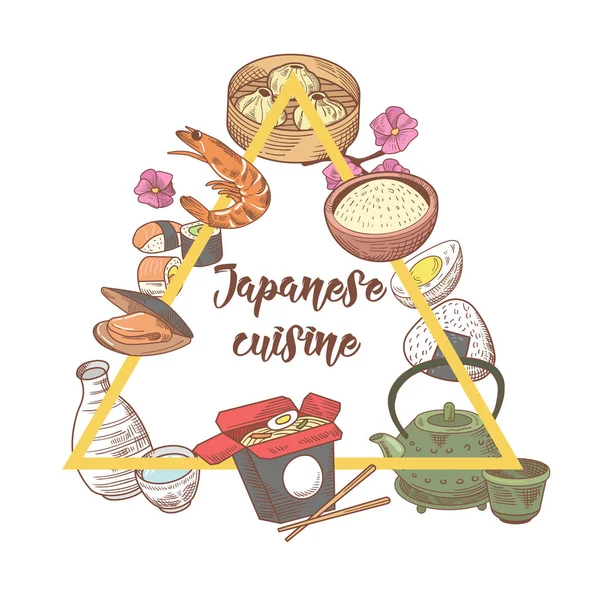 Desain Makanan Penggambaran Tangan Jepang. Masakan Tradisional Jepang. Menu Sushi Bar. Ilustrasi vektor - Stok Vektor