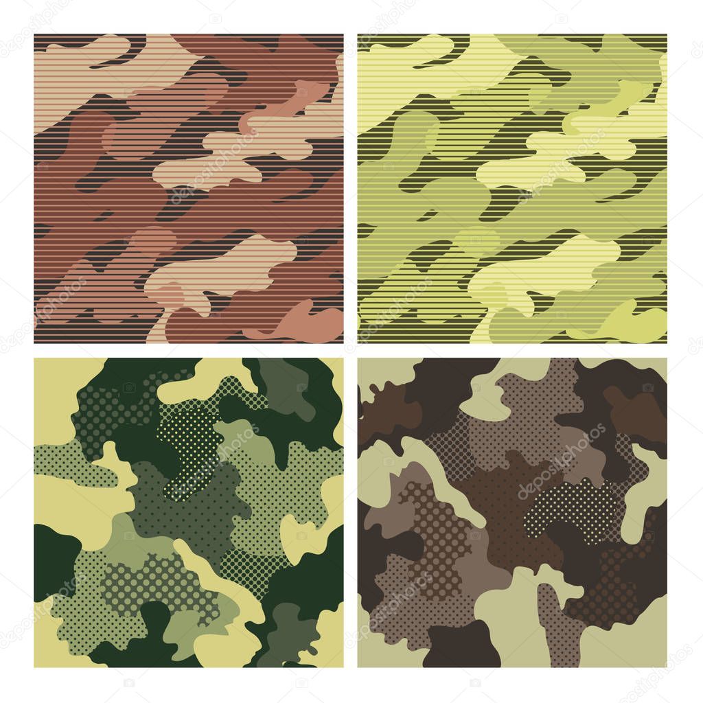 Military Striped Seamless Pattern Set. Camouflage Background. Camo Fashion Texture. Army Uniform. Vector illustration