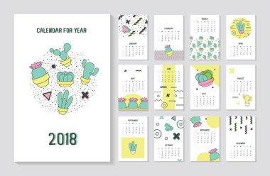 Geometrik öğeleri ve kaktüs Memphis tarzı soyut 2018 yıl takvim. Modaya uygun Modern Poster Seti. Vektör çizim
