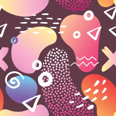 Memphis tarzı Seamless modeli ile geometrik soyut ve çizilmiş öğeleri el. Retro moda kompozisyon Poster, afiş, tasarım için. Vektör çizim