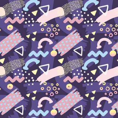 Memphis tarzı Seamless modeli ile geometrik soyut ve çizilmiş öğeleri el. Poster, afiş, tasarım için vintage moda arka plan. Vektör çizim