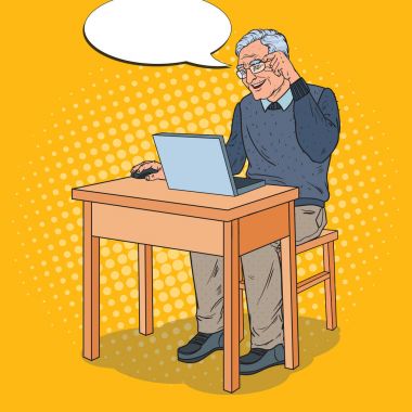 Laptop ile çalışma Pop Art mutlu komuta sizde. Bilgisayar ile gülümseyen Dede. Vektör çizim