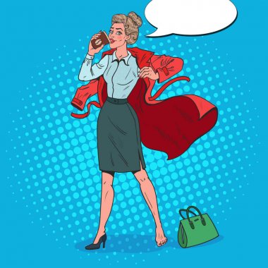 Pop sanat iş kadını işyerinde geç. Kız sabah kahve ile meşgul. Vektör çizim