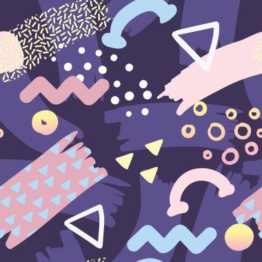 Memphis tarzı Seamless modeli ile geometrik soyut ve çizilmiş öğeleri el. Vintage moda kompozisyon Poster, afiş, tasarım için. Vektör çizim