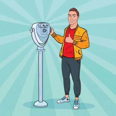 Pop Art Binoküler yakışıklı adam. Erkek turistik şehir teleskop yakınındaki ayakta. Vektör çizim