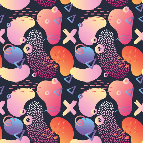 Pola Abstrak Memphis Seamless Style dengan Elemen Gambar Geometrik dan Tangan. Retro Trendy Komposisi untuk Poster, Banners, Desain. Ilustrasi vektor - Stok Vektor