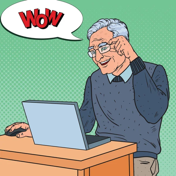 Pop Art Felice uomo anziano che lavora con il computer portatile. Concetto di comunicazione. Illustrazione vettoriale — Vettoriale Stock