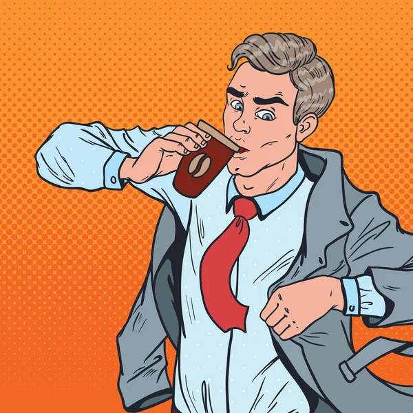 Pop-Art-Geschäftsmann in Eile spät zur Arbeit. Mann mit Kaffee eilt ins Büro. Vektorillustration — Stockvektor