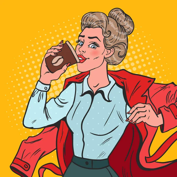 Mujer de negocios de arte pop tarde en el trabajo. Chica ocupada con café de la mañana. Ilustración vectorial — Vector de stock