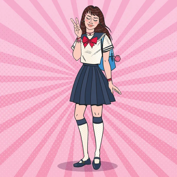 Pop Art Japonská školačka v uniformě. Asijské dospívající Student s batohem. Vzdělávací koncepce. Vektorové ilustrace — Stockový vektor