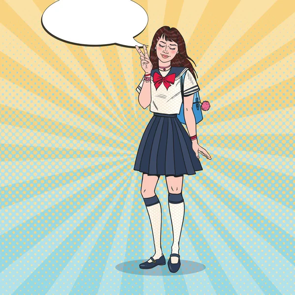 Pop Art Japoneză școală fată în uniformă. Adolescent asiatic student cu rucsac. Ilustrație vectorială — Vector de stoc