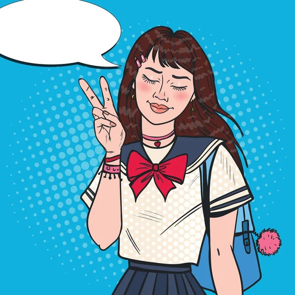 Pop Art Menina da Escola Japonesa em Uniforme. Estudante adolescente asiático com mochila. Ilustração vetorial — Vetor de Stock