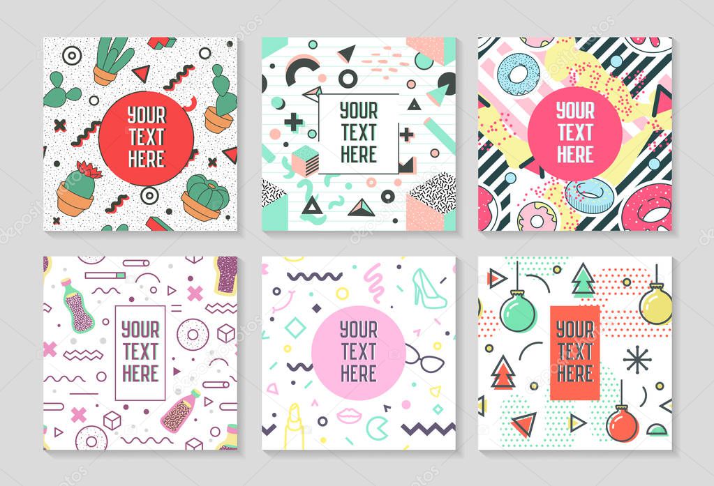 Memphis Style Retro Posters Set with Geometric Shapes. Abstract Trendy Banners Template. Composition 80-90s for Billboards, Cards, Invitations, Cover Design. Vector illustration