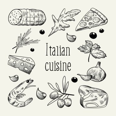 İtalyan mutfağı kroki Doodle. Yemek menü tasarım şablonu. El geleneksel İtalya yemekleri Pizza, peynir ve et ile çekilmiş. Vektör çizim