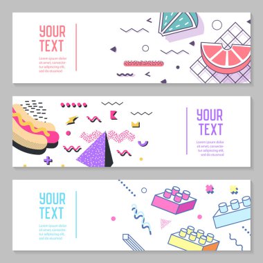 Geometrik öğelerle soyut Memphis tarzı yatay Banner. Yaratıcı Trendy Retro 80s 90s kompozisyon afiş, reklam tasarımı için. Vektör çizim