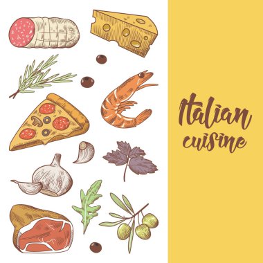 İtalyan mutfağı yemek menü tasarım şablonu. El geleneksel İtalya yemekleri Pizza, peynir ve et ile çekilmiş. Vektör çizim