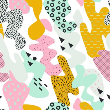 Soyut Memphis Tarzı Kusursuz Tarzlı Fırça Vuruşları. Duvar kağıdı, poster, afiş ve kapak tasarımı için klasik 80-90 'ların moda kompozisyonu. Vektör illüstrasyonu