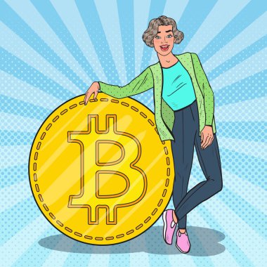 Gülümseyen kadın koca Bitcoin ile sanat pop. Cryptocurrency kavramı. Vektör çizim