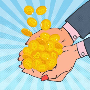Pop Art kadın eller altın Bitcoin dolu. Kripto para birimi. Sanal para. Vektör çizim