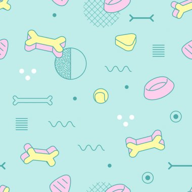 Geometrik şekiller ve köpek maması ile soyut Memphis tarzı Seamless modeli. Vintage 80-90'lı yılların Moda Trendy kompozisyon için duvar kağıdı, Poster, afiş, kapak tasarımı. Vektör çizim
