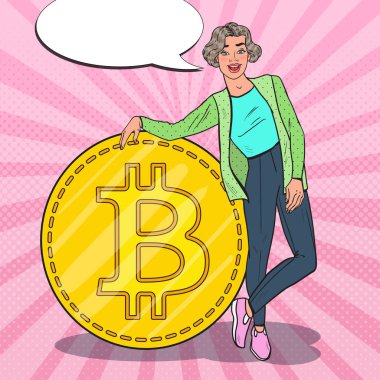 Pop Art başarılı kadın büyük Bitcoin ile. Cryptocurrency kavramı. Vektör çizim