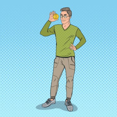 Altın Bitcoin tutan sanat genç işadamı pop. Sanal Kripto para birimi. Vektör çizim