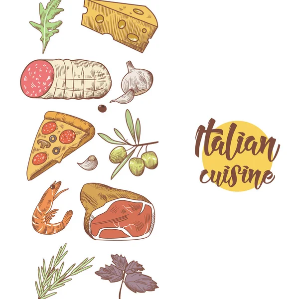 Cozinha Italiana Food Menu Design Template. Pratos tradicionais de Itália desenhados à mão com pizza, queijo e carne. Ilustração vetorial — Vetor de Stock