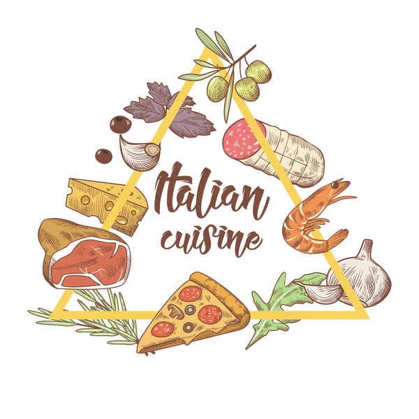 Esboço de cozinha italiana Doodle. Modelo de Design de Menu de Alimentos. Pratos tradicionais de Itália desenhados à mão com pizza, queijo e carne. Ilustração vetorial — Vetor de Stock