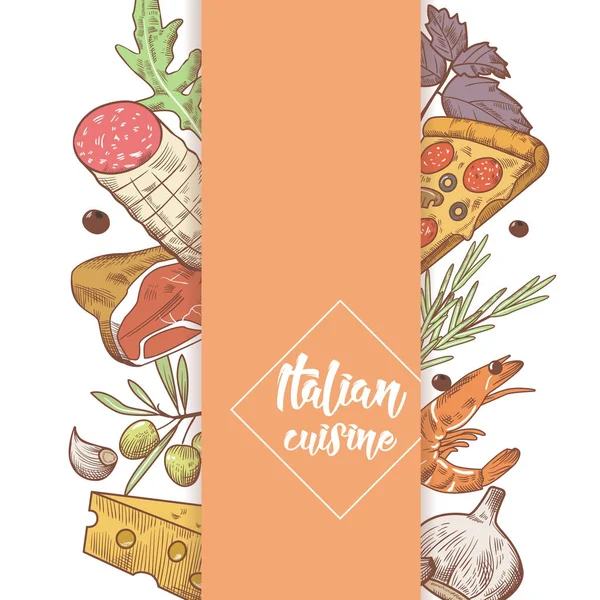 Cocina italiana Sketch Doodle. Plantilla de diseño de menú de alimentos. Platos tradicionales de Italia dibujados a mano con pizza, queso y carne. Ilustración vectorial — Vector de stock