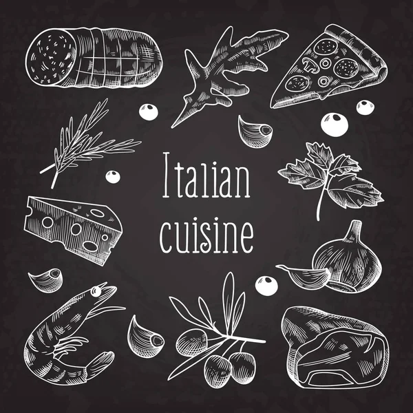 Cuisine italienne Croquis Doodle Tableau noir. Modèle de conception de menu alimentaire. Plats italiens traditionnels dessinés à la main avec pizza, fromage et viande. Illustration vectorielle — Image vectorielle