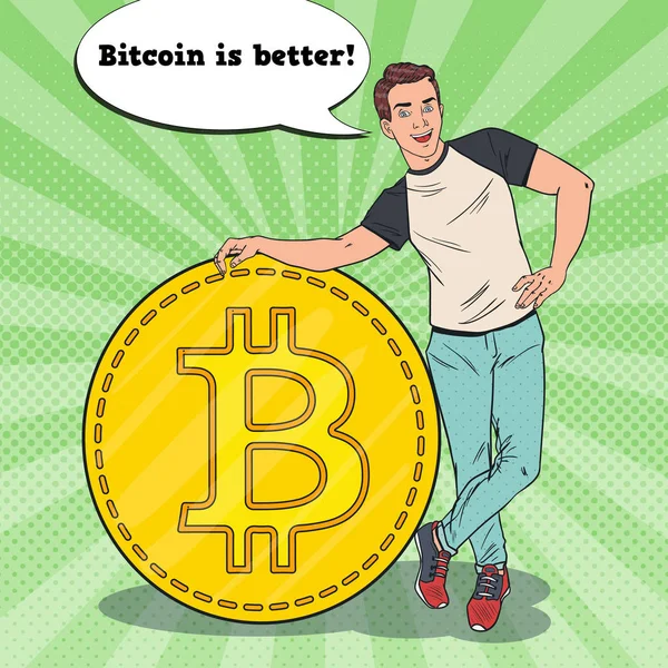 Pop Art sorridente homem de negócios com Bitcoin grande. Criptomoeda conceito. Ilustração vetorial —  Vetores de Stock