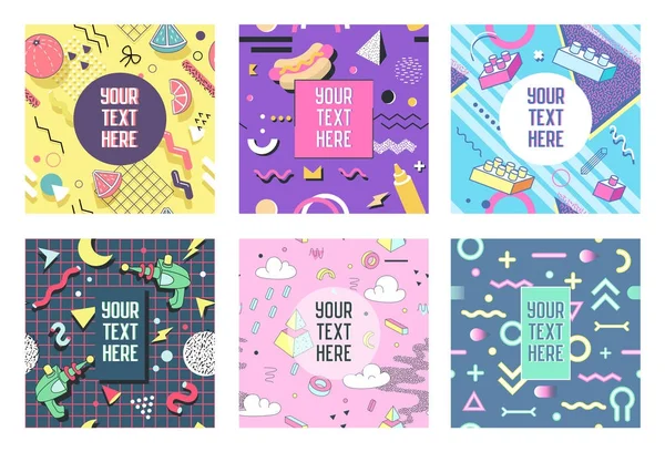 Abstrak Memphis Geometric Shapes Placards. 80an Trendy Retro Posters, Banners, Covers Design. Flyers Cards Templates. Ilustrasi vektor - Stok Vektor