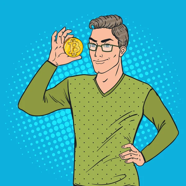 Pop Art έξυπνος άνθρωπος που κρατά την χρυσή Bitcoin. Εικονικό νόμισμα Crypto. Εικονογράφηση διάνυσμα — Διανυσματικό Αρχείο