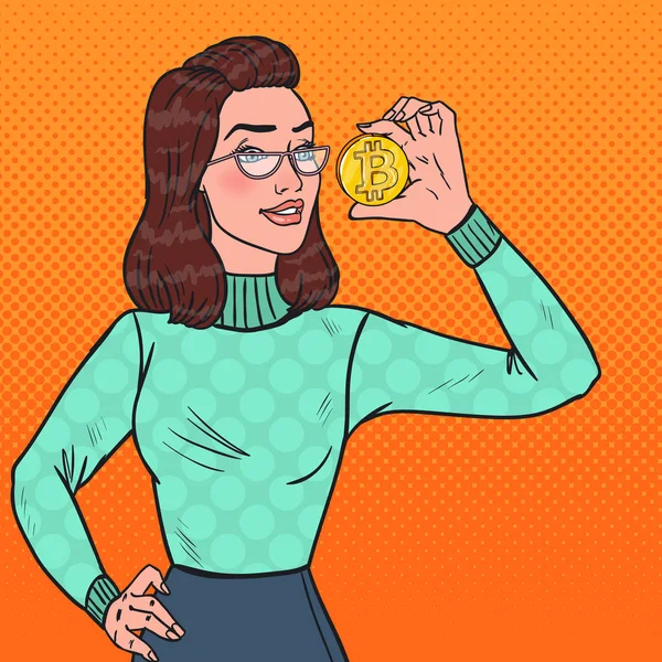 Pop Art Young Business Woman Holding Golden Bitcoin. Moneda virtuală Crypto. Ilustrație vectorială — Vector de stoc