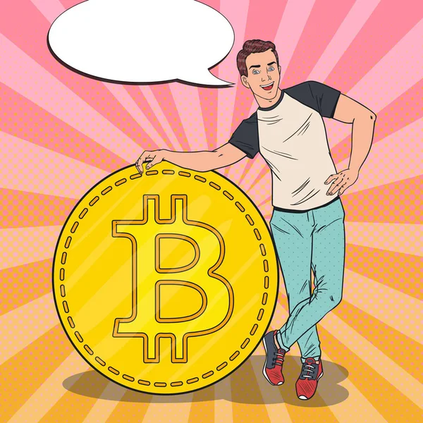 Pop Art lächelnder Mann mit großem Bitcoin. Kryptowährungskonzept. Vektorillustration — Stockvektor