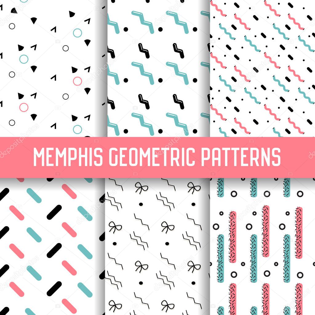 Abstract Memphis Style Seamless Pattern Set. Geometric Shapes Background. 80-90s Fashion Design. Wallpaper, Wrapping Paper, Texture. Vector illustration