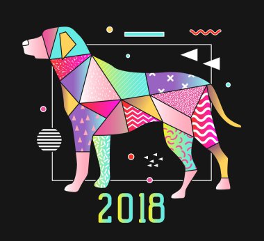 Soyut Memphis stil tasarlamak için 2018 köpek ile yeni yıl tasarım. Geometrik şekiller Trendy arka plan. Vektör çizim