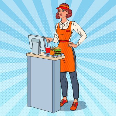 Pop Art kadın kasiyer sipariş alır. Fast Food Restoran işçisi. Vektör çizim