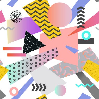 Vintage Memphis geometrik Seamless modeli. Soyut şekiller arka plan. 80s 90s stil kompozisyon Tekstil, kumaş, moda kapak tasarımı için. Vektör çizim