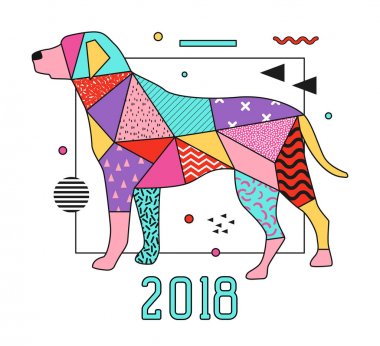 Soyut Memphis stil tasarlamak için 2018 köpek ile yeni yıl tasarım. Geometrik şekiller Trendy arka plan. Vektör çizim