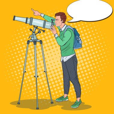 Pop Art mutlu bir adam üzerinden bir teleskop gökyüzü üzerinde seyir. Astronomik ekipman. Vektör çizim